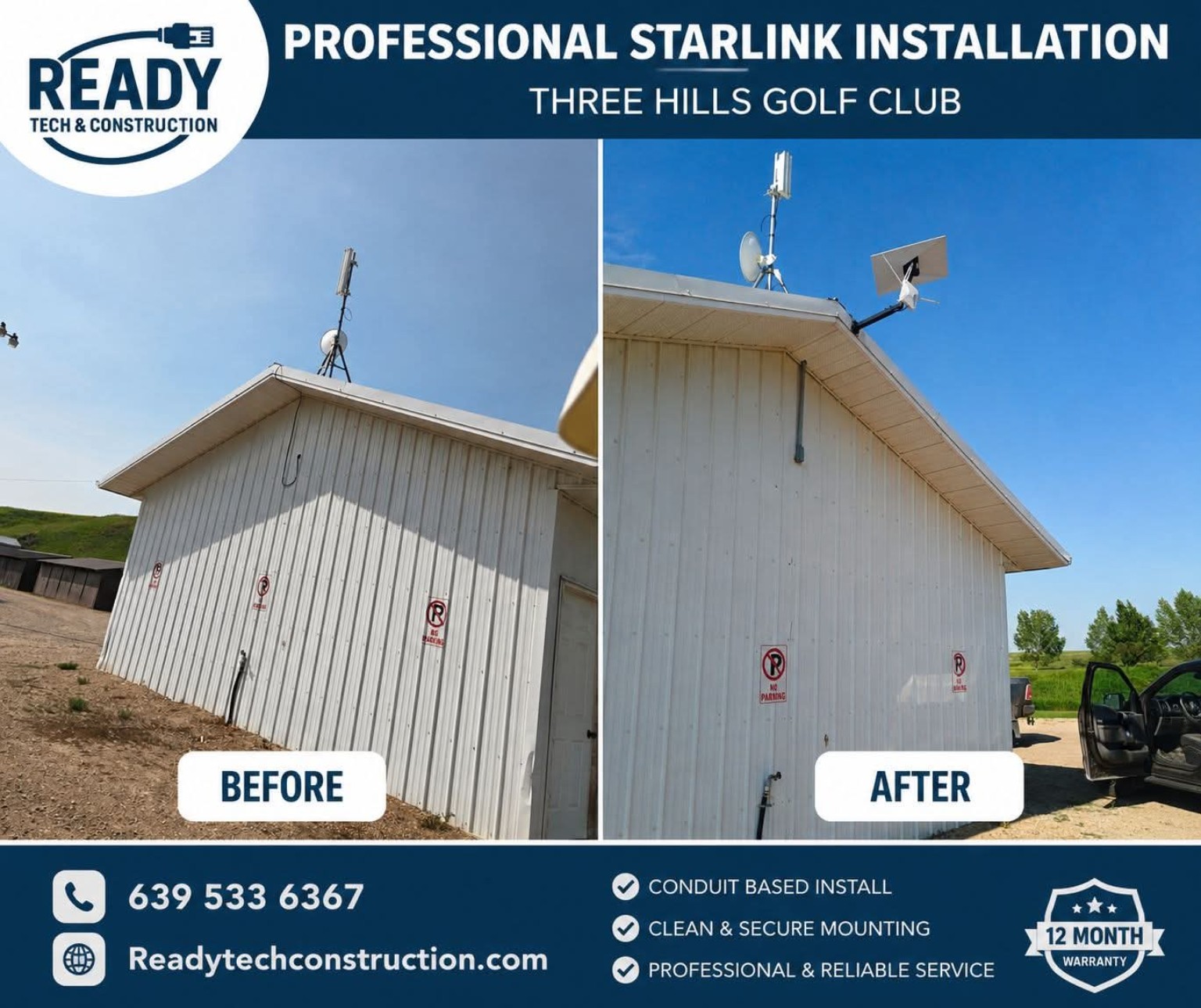 Ready Tech professional Starlink installation before and after at Three Hills Golf Club
