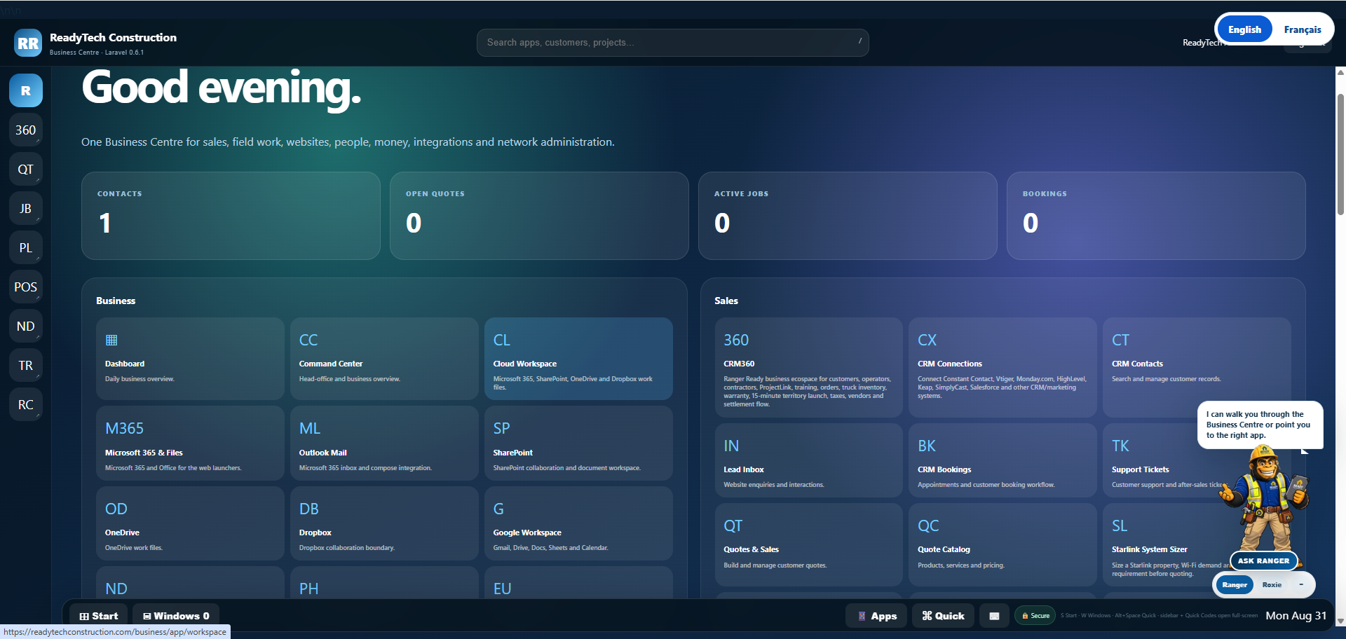 ReadyTech Construction Business Centre dashboard