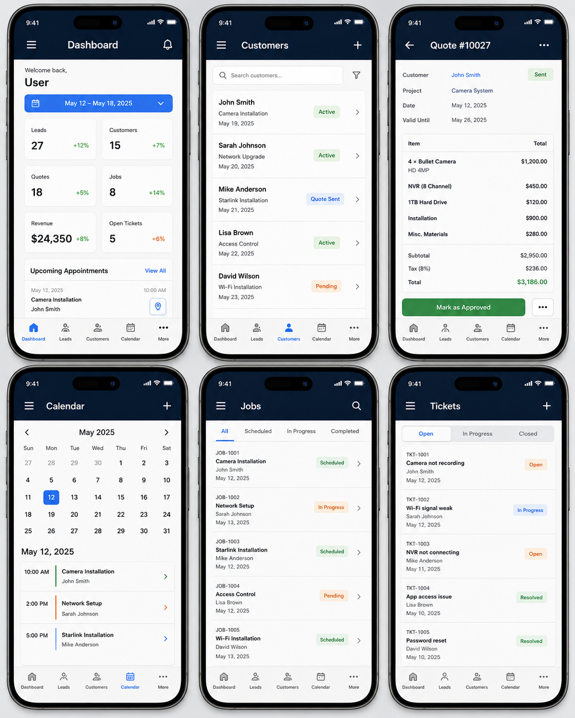 CRM360 customer quote calendar jobs and ticket workflow